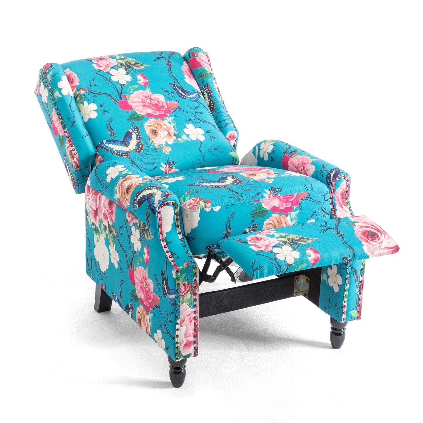 Lot de 2 fauteuils inclinables manuels en lin fleuri avec repose-pieds