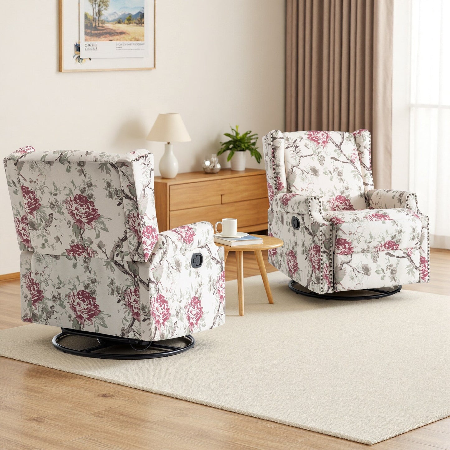 Lot de 2 fauteuils inclinables manuels en lin fleuri avec repose-pieds