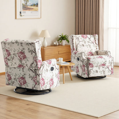 Lot de 2 fauteuils inclinables manuels en lin fleuri avec repose-pieds