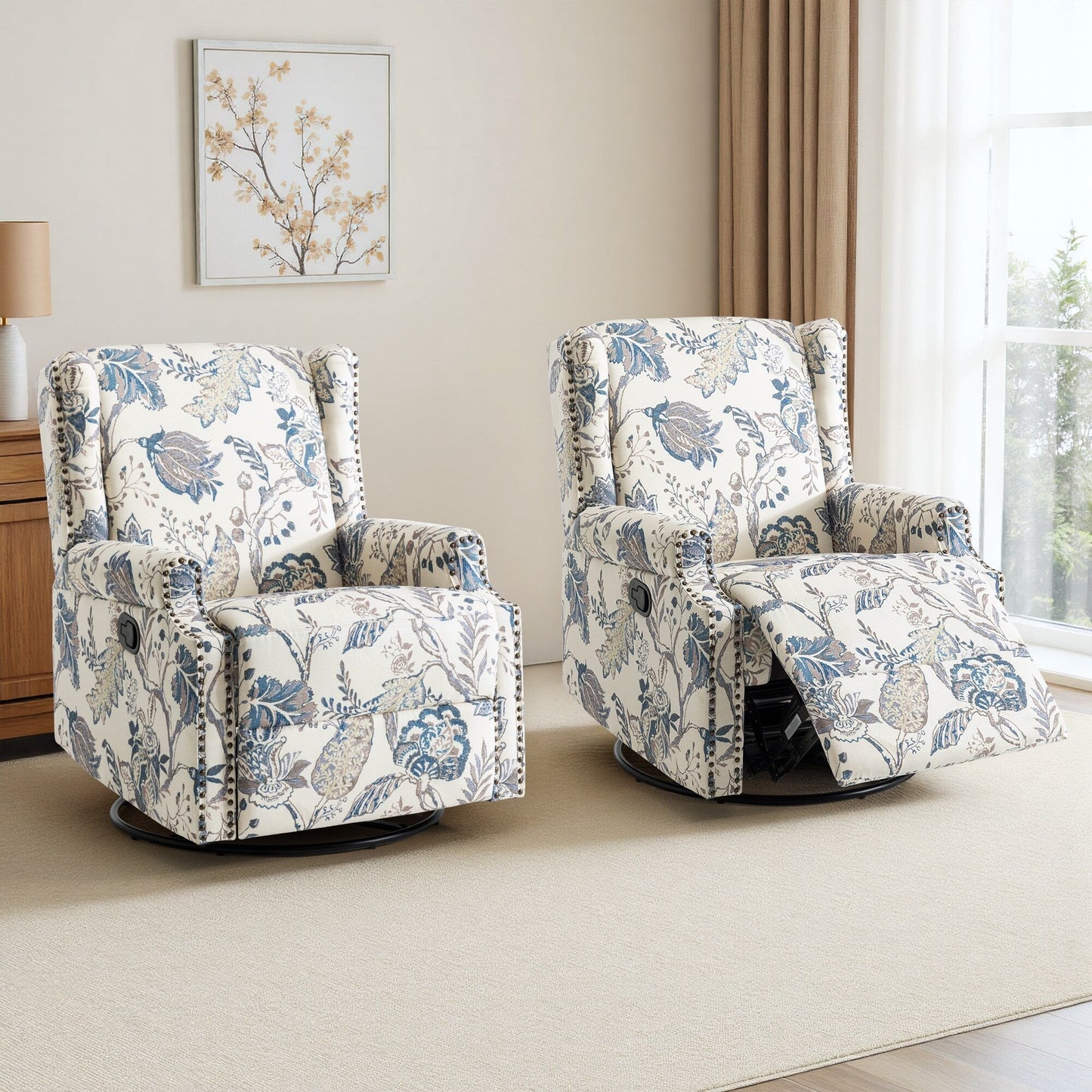Lot de 2 fauteuils inclinables manuels en lin fleuri avec repose-pieds