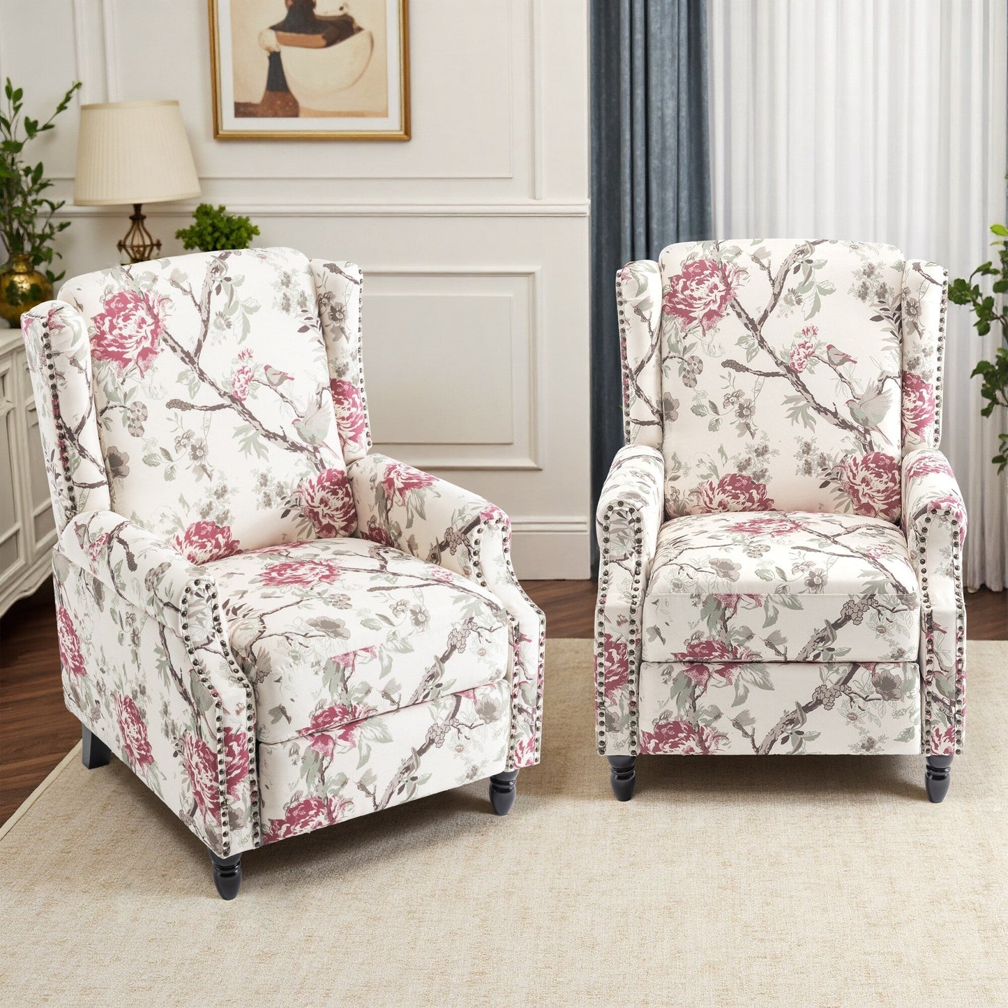 Lot de 2 fauteuils inclinables manuels en lin fleuri avec repose-pieds