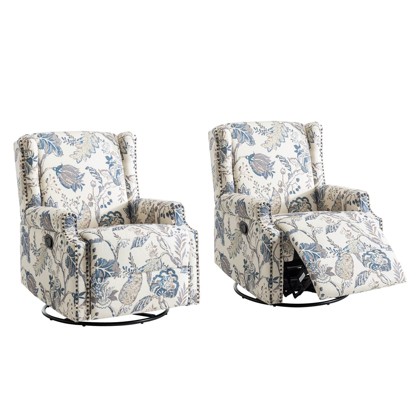 Lot de 2 fauteuils inclinables manuels en lin fleuri avec repose-pieds