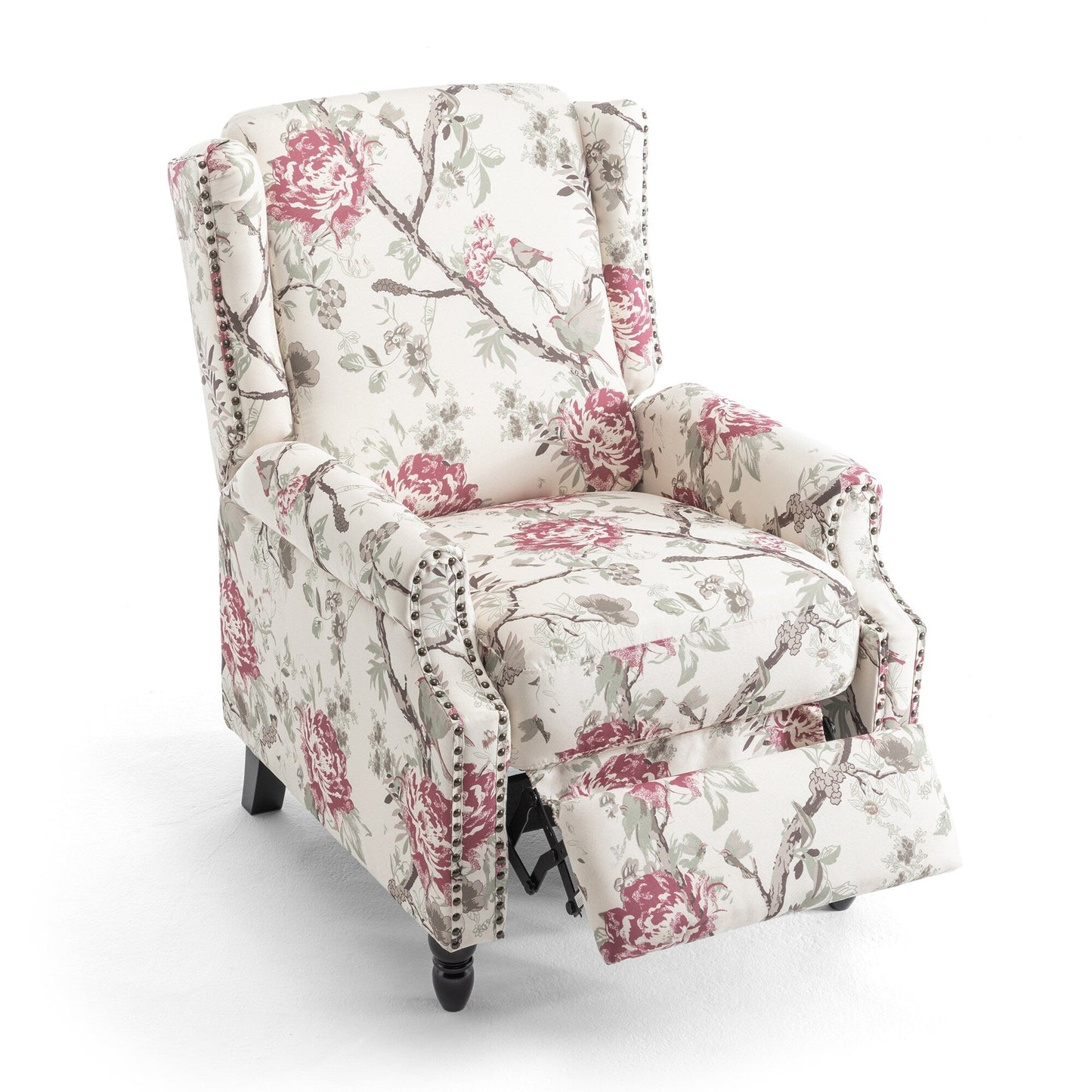 Lot de 2 fauteuils inclinables manuels en lin fleuri avec repose-pieds