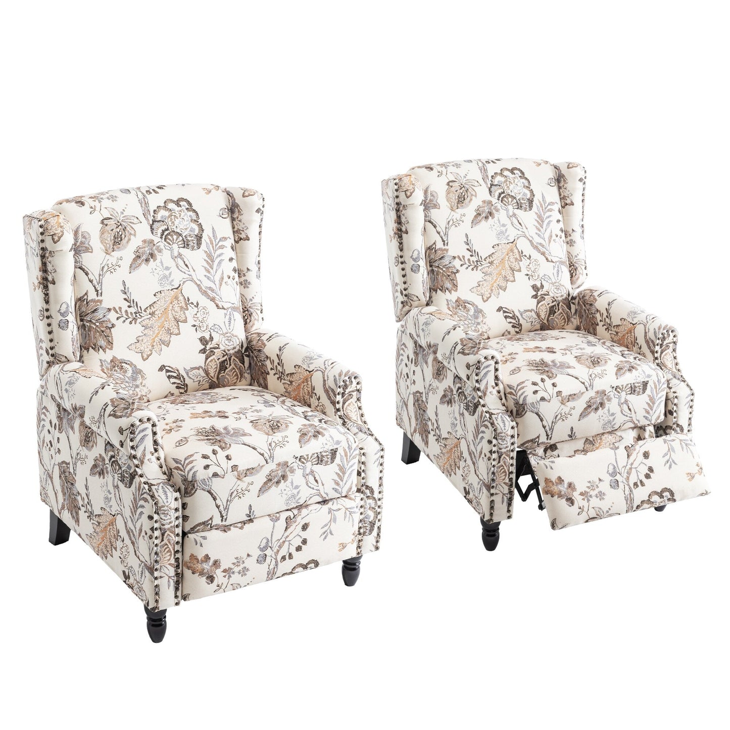 Lot de 2 fauteuils inclinables manuels en lin fleuri avec repose-pieds