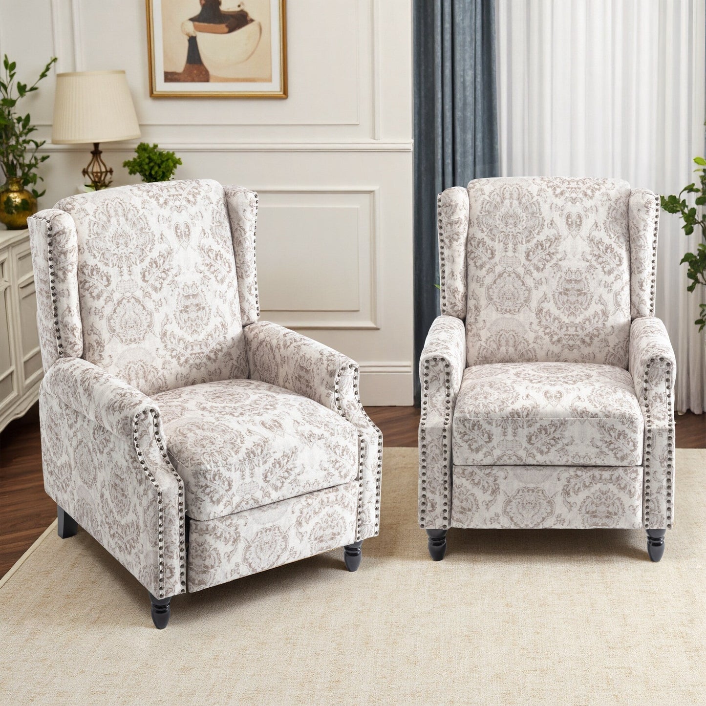 Lot de 2 fauteuils inclinables manuels en lin fleuri avec repose-pieds