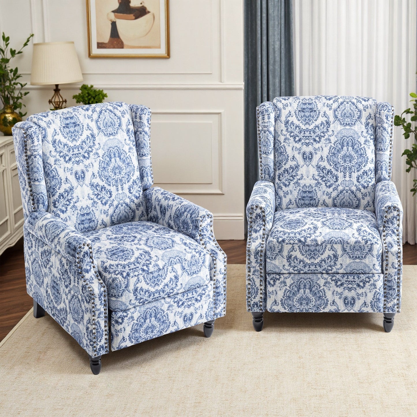 Lot de 2 fauteuils inclinables manuels en lin fleuri avec repose-pieds