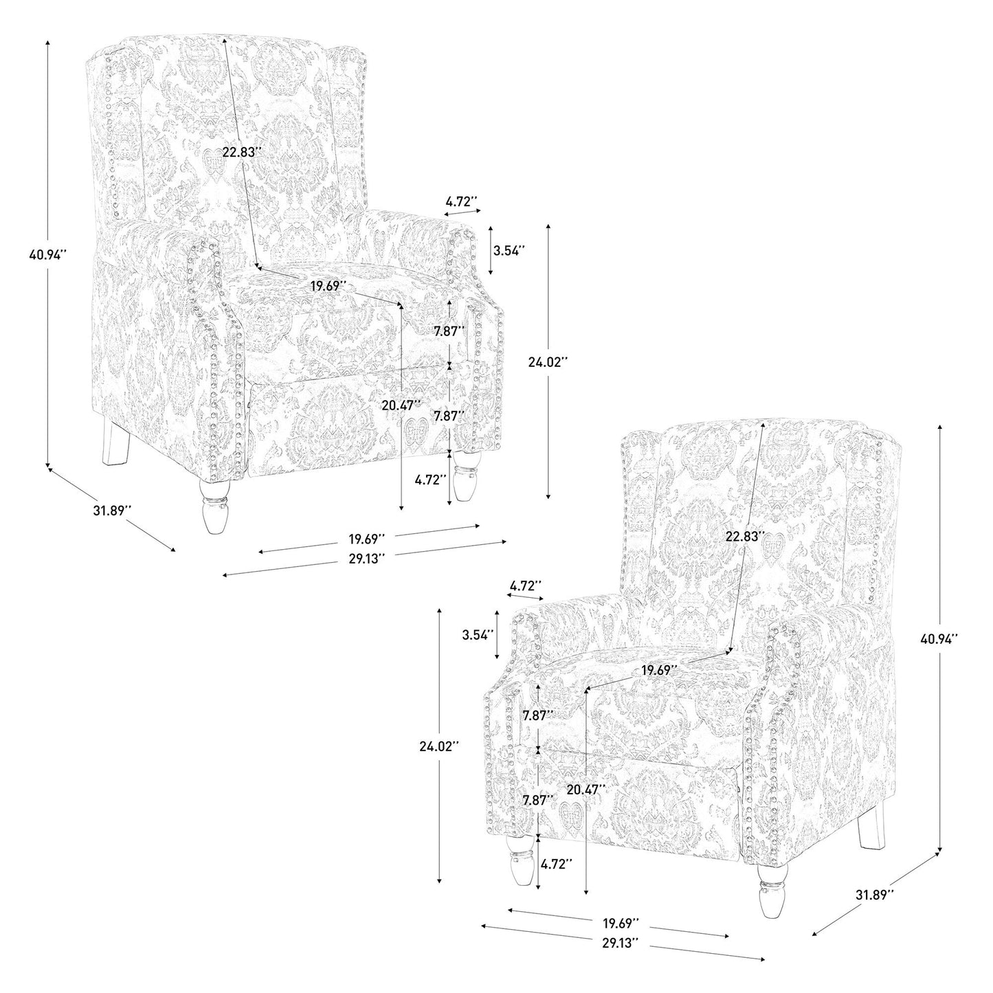 Lot de 2 fauteuils inclinables manuels en lin fleuri avec repose-pieds