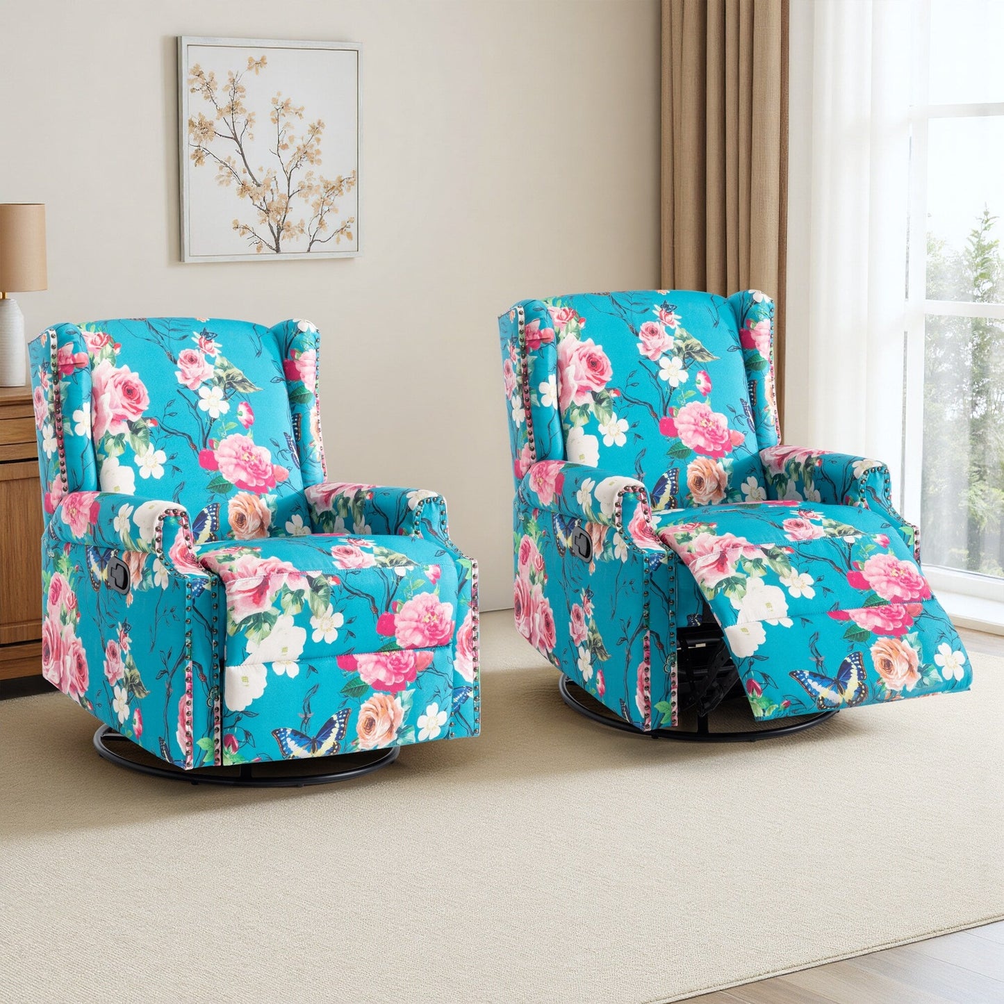 Lot de 2 fauteuils inclinables manuels en lin fleuri avec repose-pieds