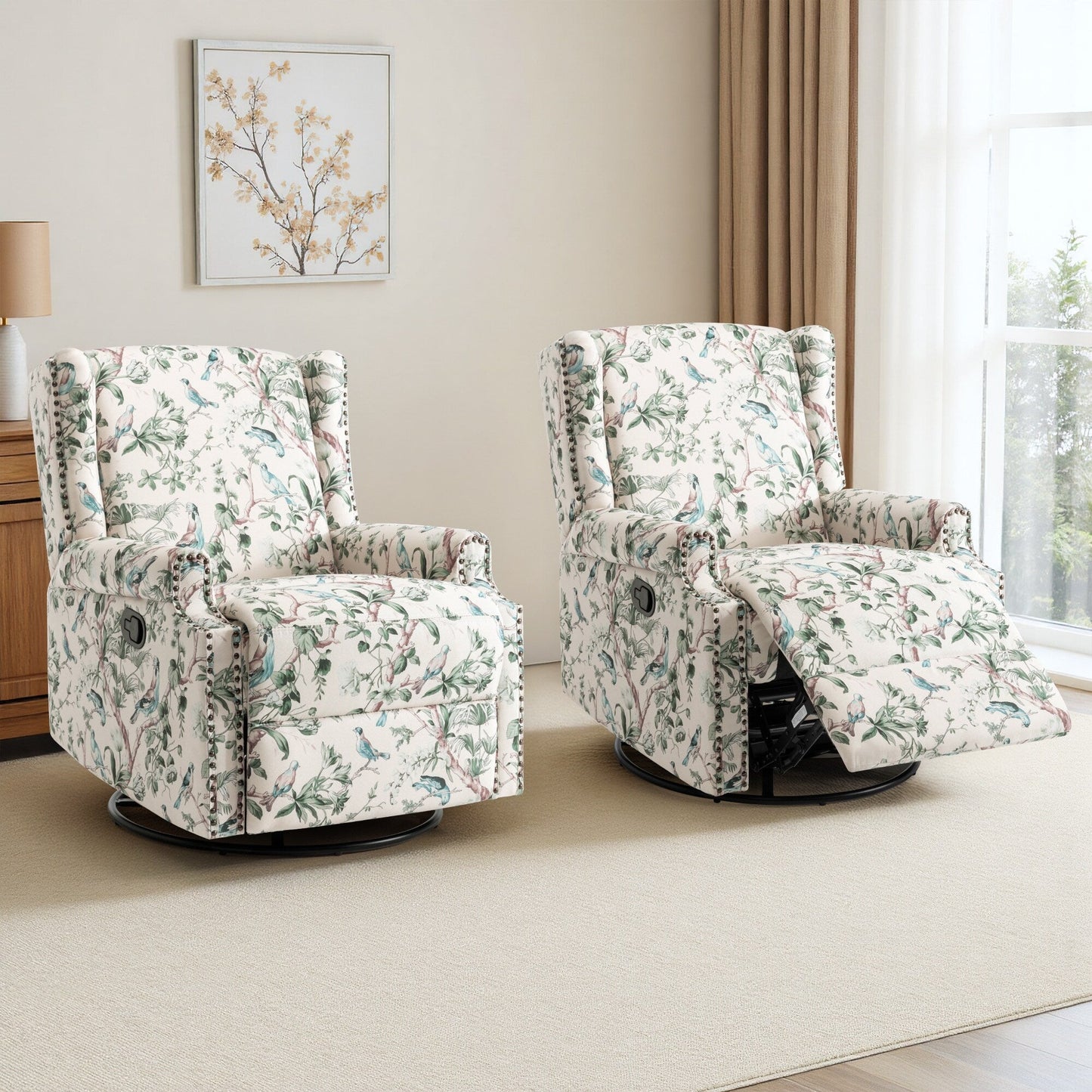Lot de 2 fauteuils inclinables manuels en lin fleuri avec repose-pieds