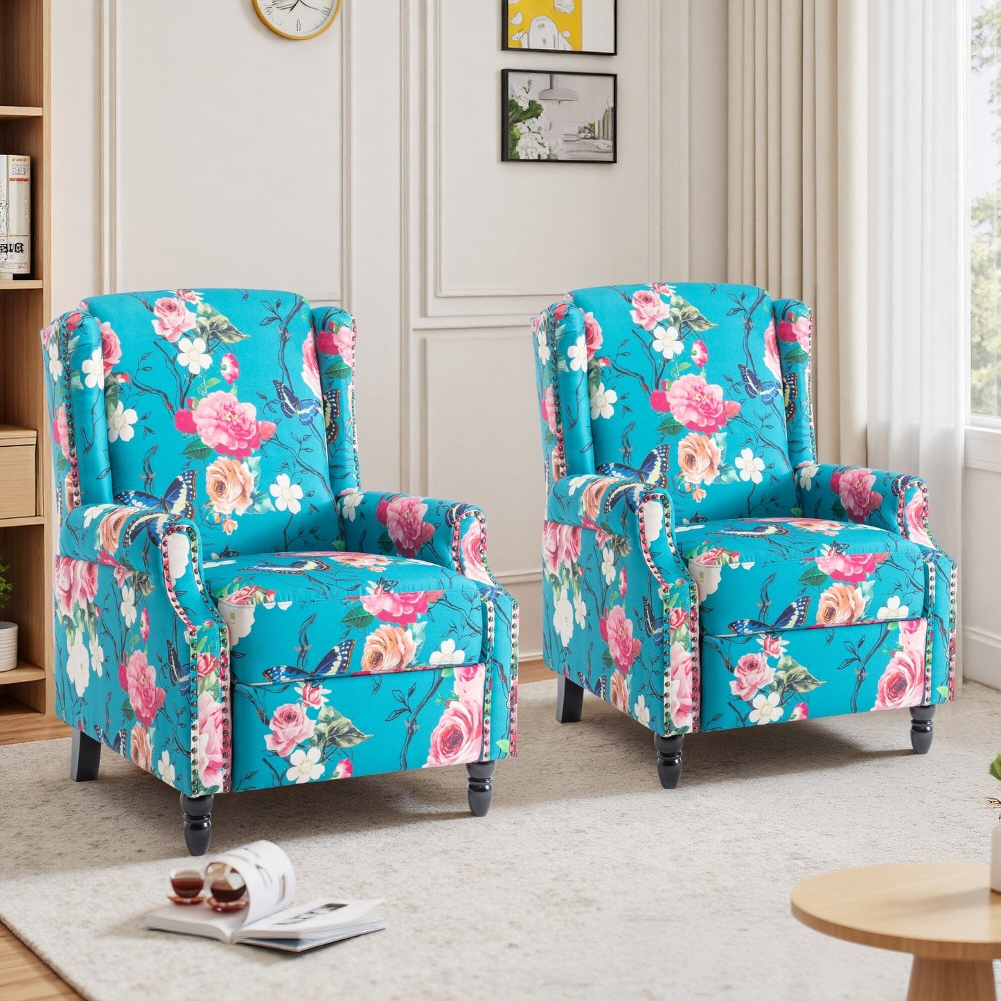 Lot de 2 fauteuils inclinables manuels en lin fleuri avec repose-pieds