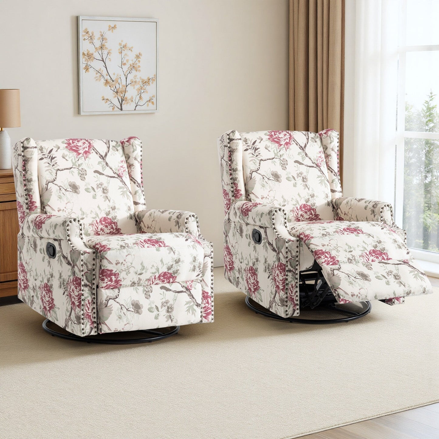 Lot de 2 fauteuils inclinables manuels en lin fleuri avec repose-pieds
