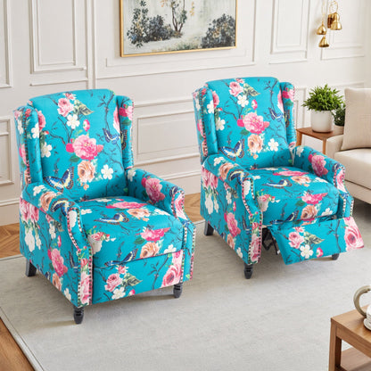 Lot de 2 fauteuils inclinables manuels en lin fleuri avec repose-pieds