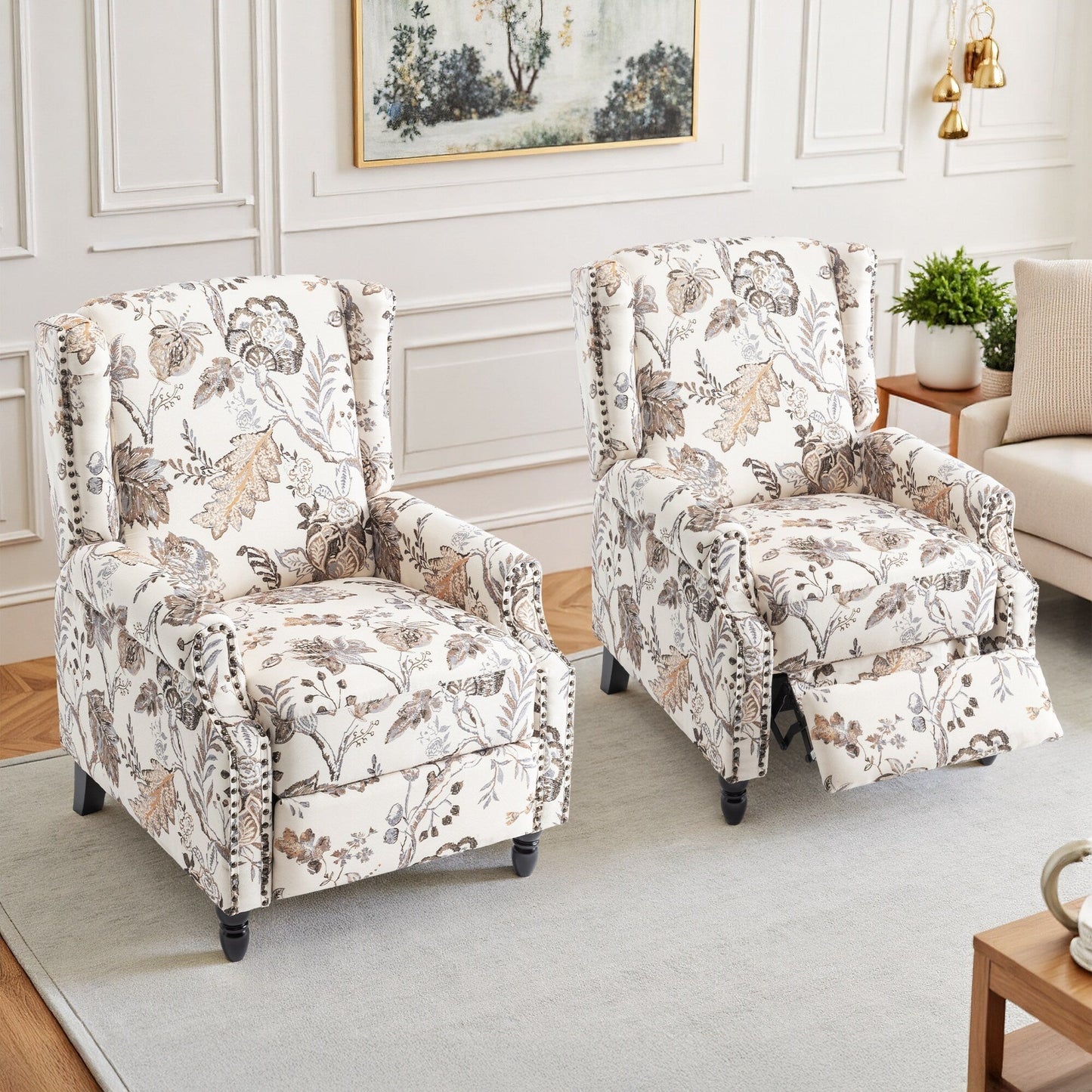 Lot de 2 fauteuils inclinables manuels en lin fleuri avec repose-pieds