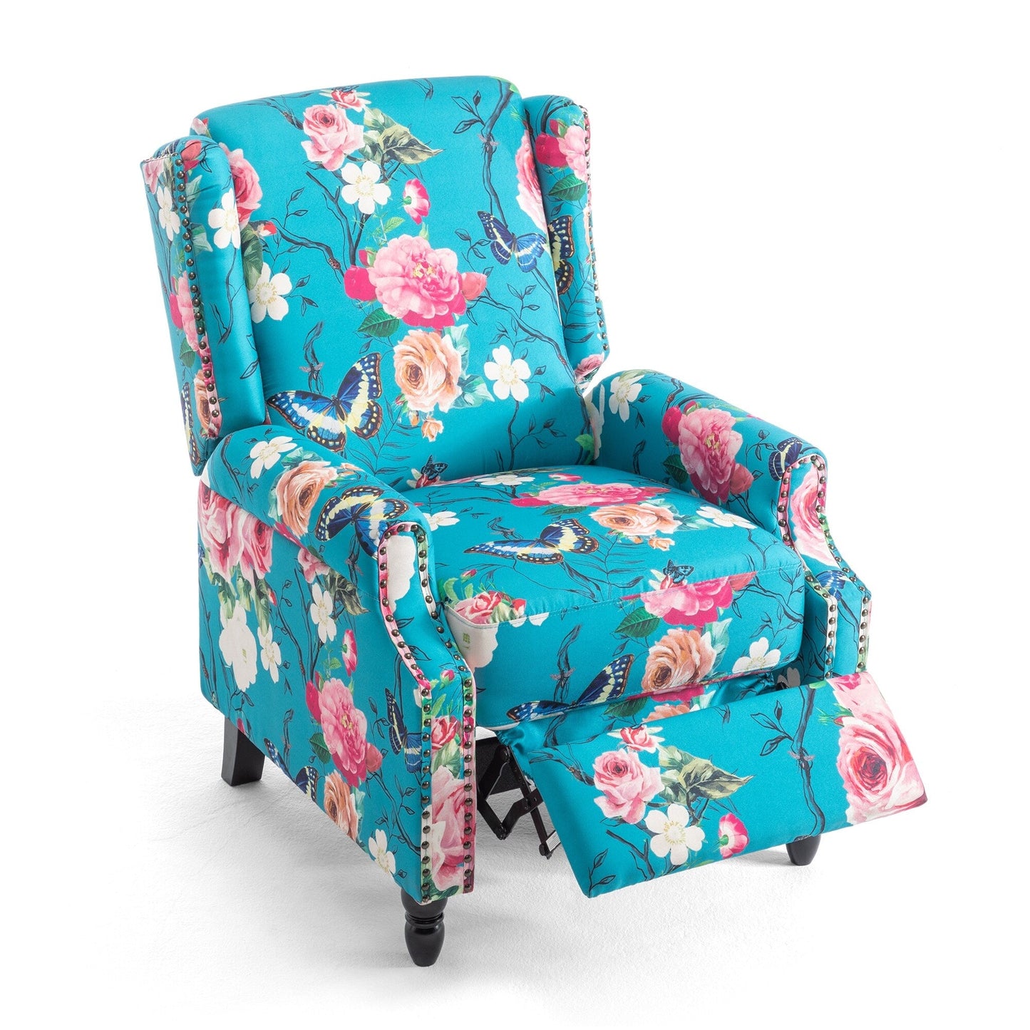 Lot de 2 fauteuils inclinables manuels en lin fleuri avec repose-pieds