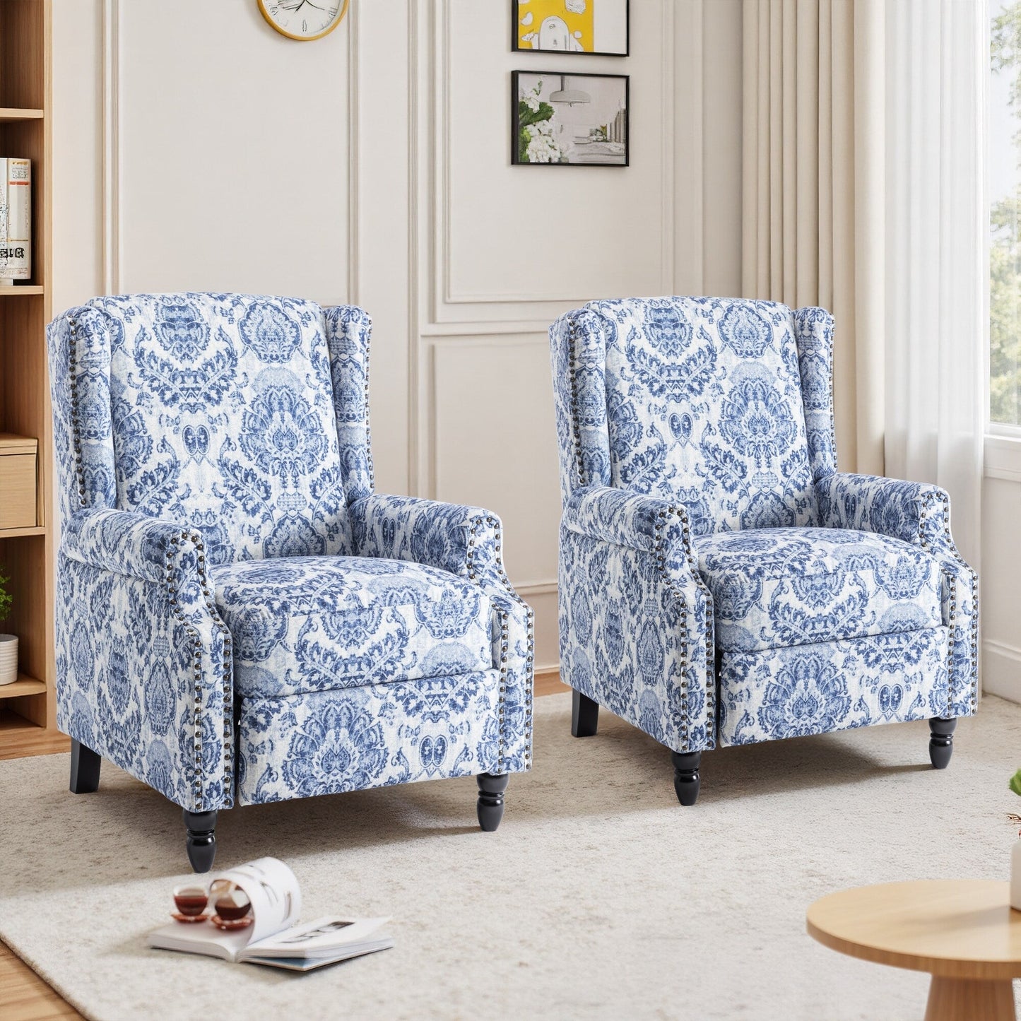 Lot de 2 fauteuils inclinables manuels en lin fleuri avec repose-pieds