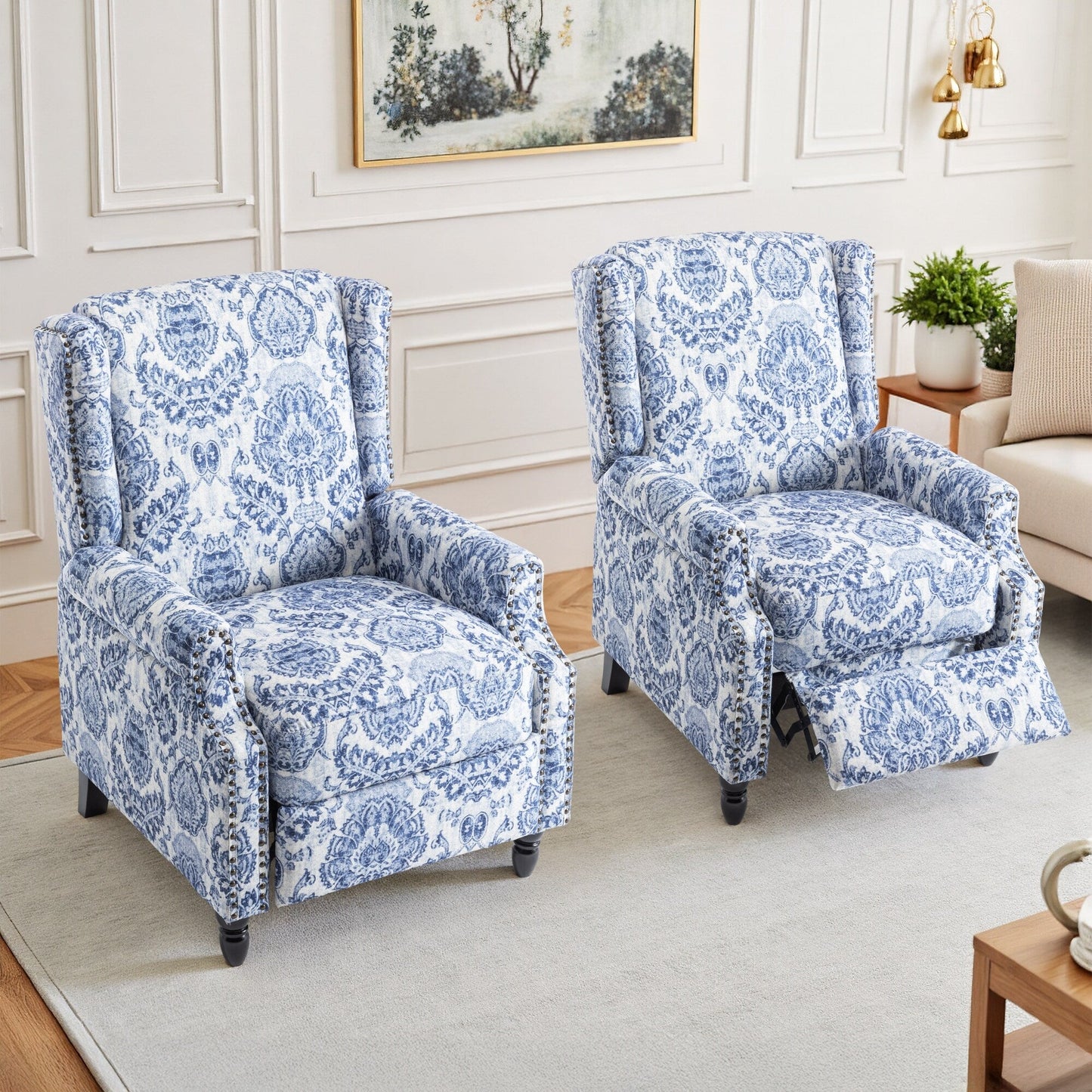 Lot de 2 fauteuils inclinables manuels en lin fleuri avec repose-pieds