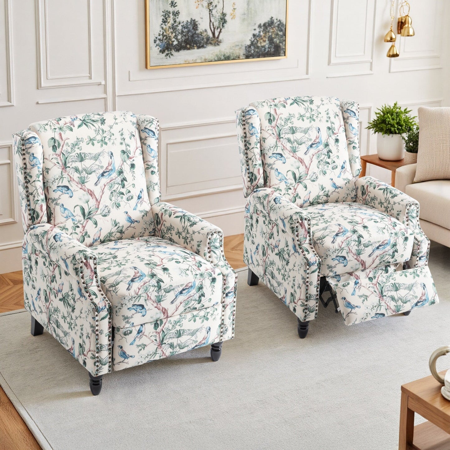 Lot de 2 fauteuils inclinables manuels en lin fleuri avec repose-pieds