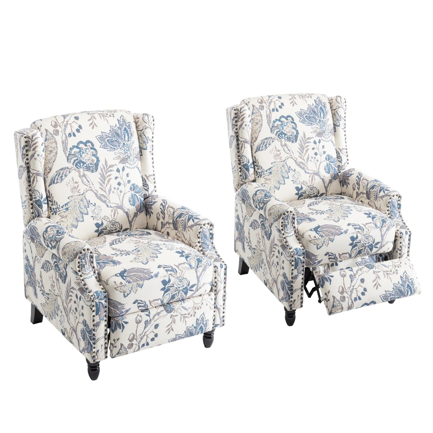 Lot de 2 fauteuils inclinables manuels en lin fleuri avec repose-pieds