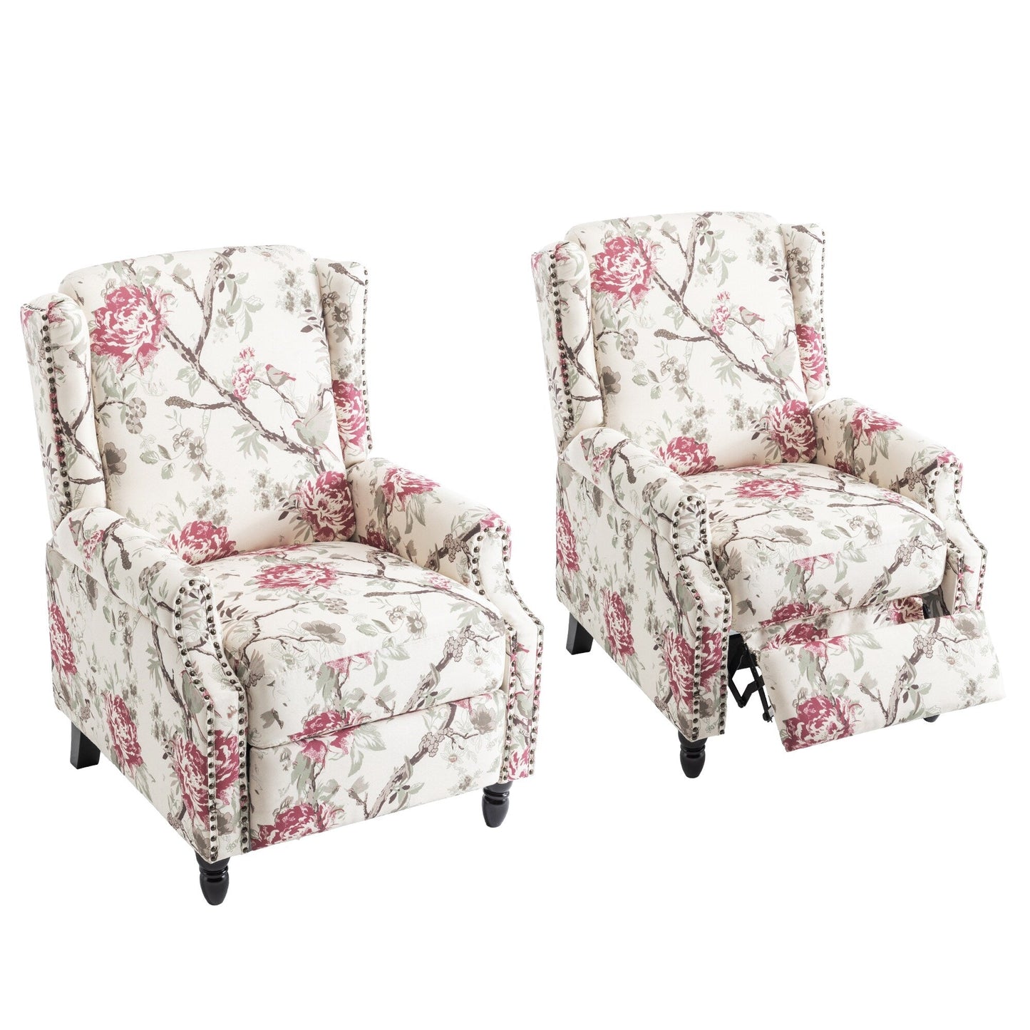 Lot de 2 fauteuils inclinables manuels en lin fleuri avec repose-pieds