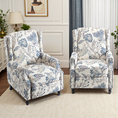 Lot de 2 fauteuils inclinables manuels en lin fleuri avec repose-pieds