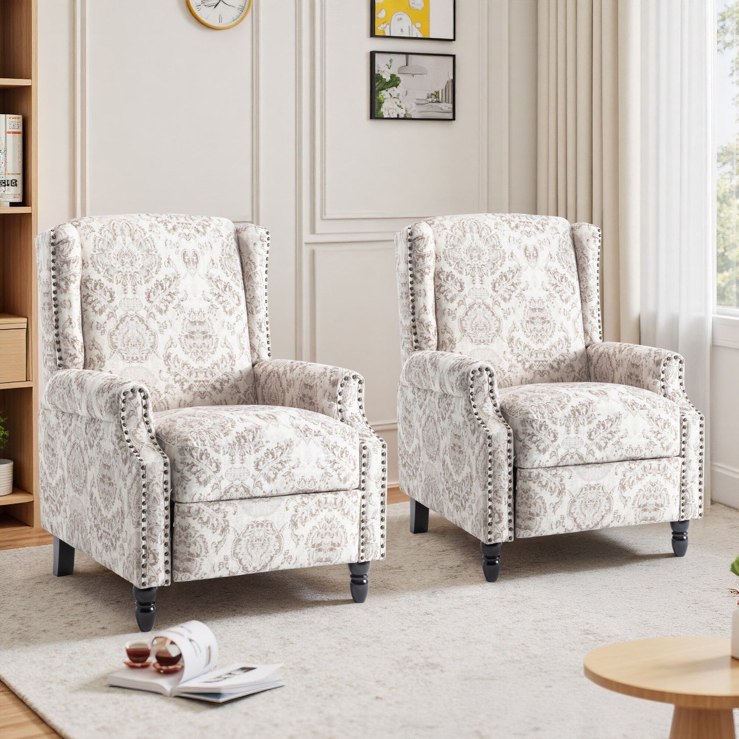 Lot de 2 fauteuils inclinables manuels en lin fleuri avec repose-pieds