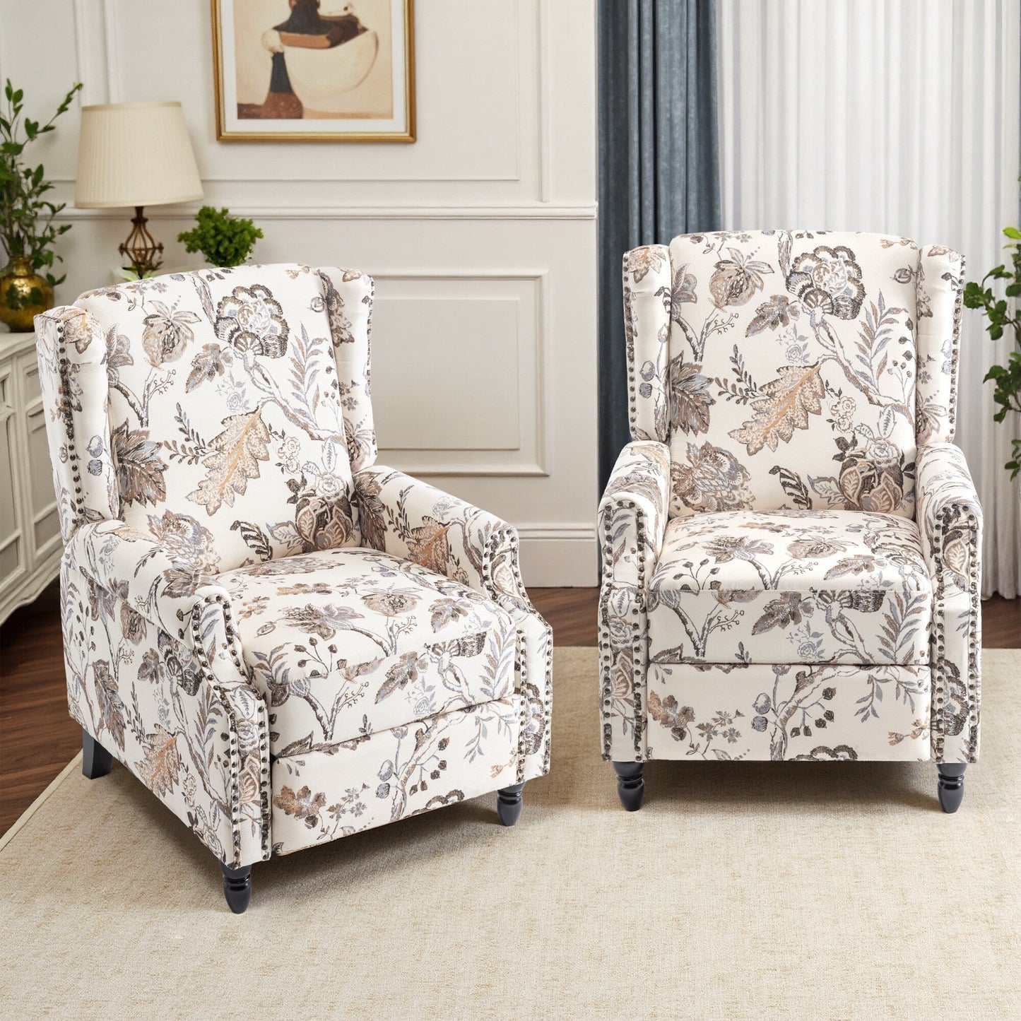 Lot de 2 fauteuils inclinables manuels en lin fleuri avec repose-pieds