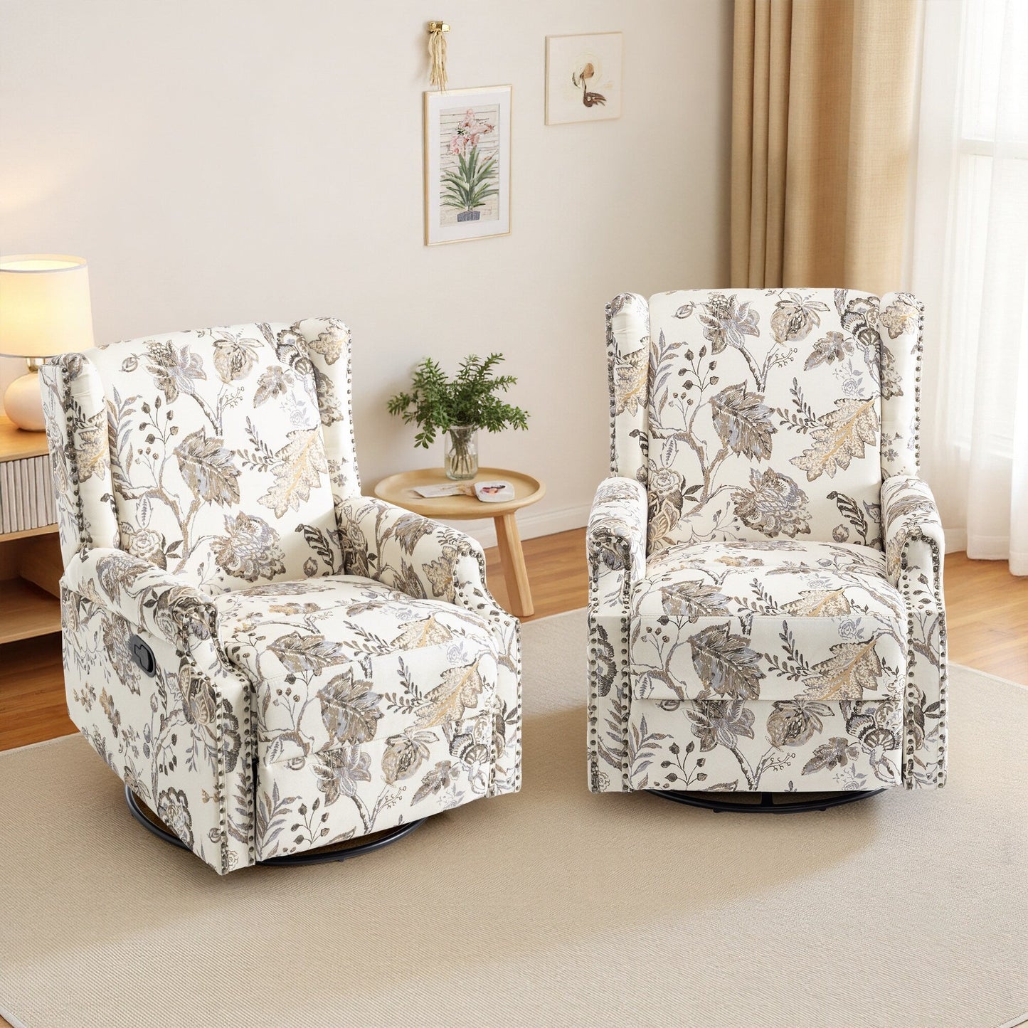 Lot de 2 fauteuils inclinables manuels en lin fleuri avec repose-pieds