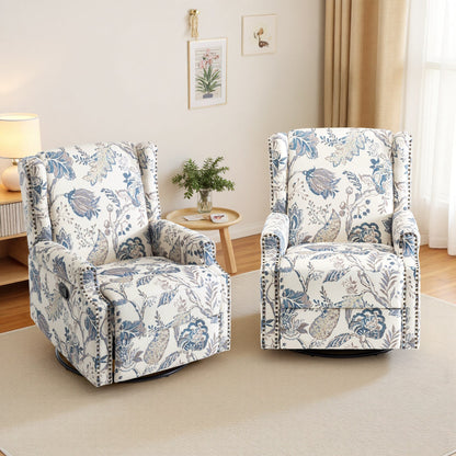 Lot de 2 fauteuils inclinables manuels en lin fleuri avec repose-pieds