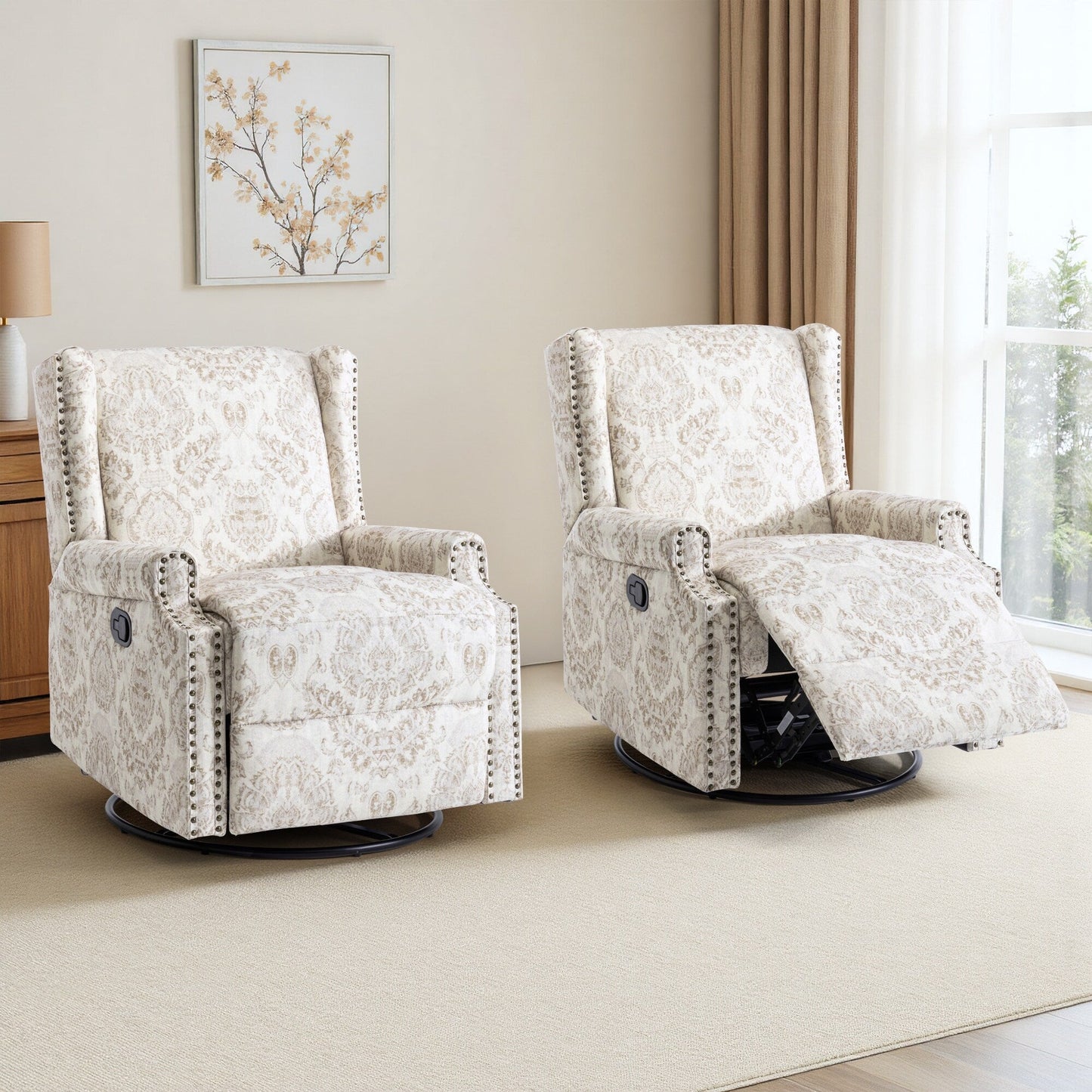 Lot de 2 fauteuils inclinables manuels en lin fleuri avec repose-pieds