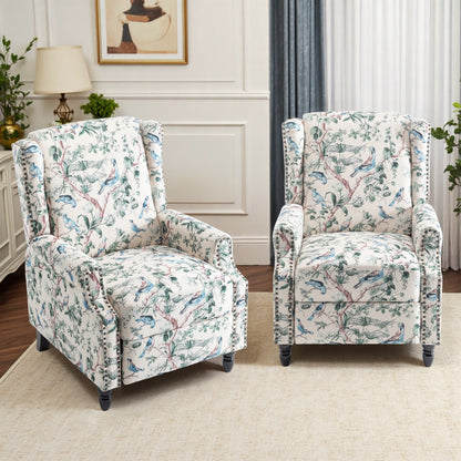 Lot de 2 fauteuils inclinables manuels en lin fleuri avec repose-pieds