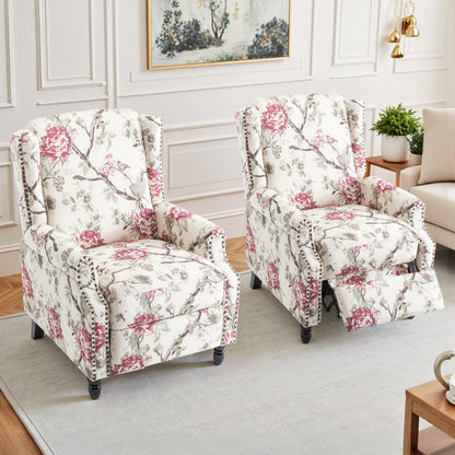 Lot de 2 fauteuils inclinables manuels en lin fleuri avec repose-pieds