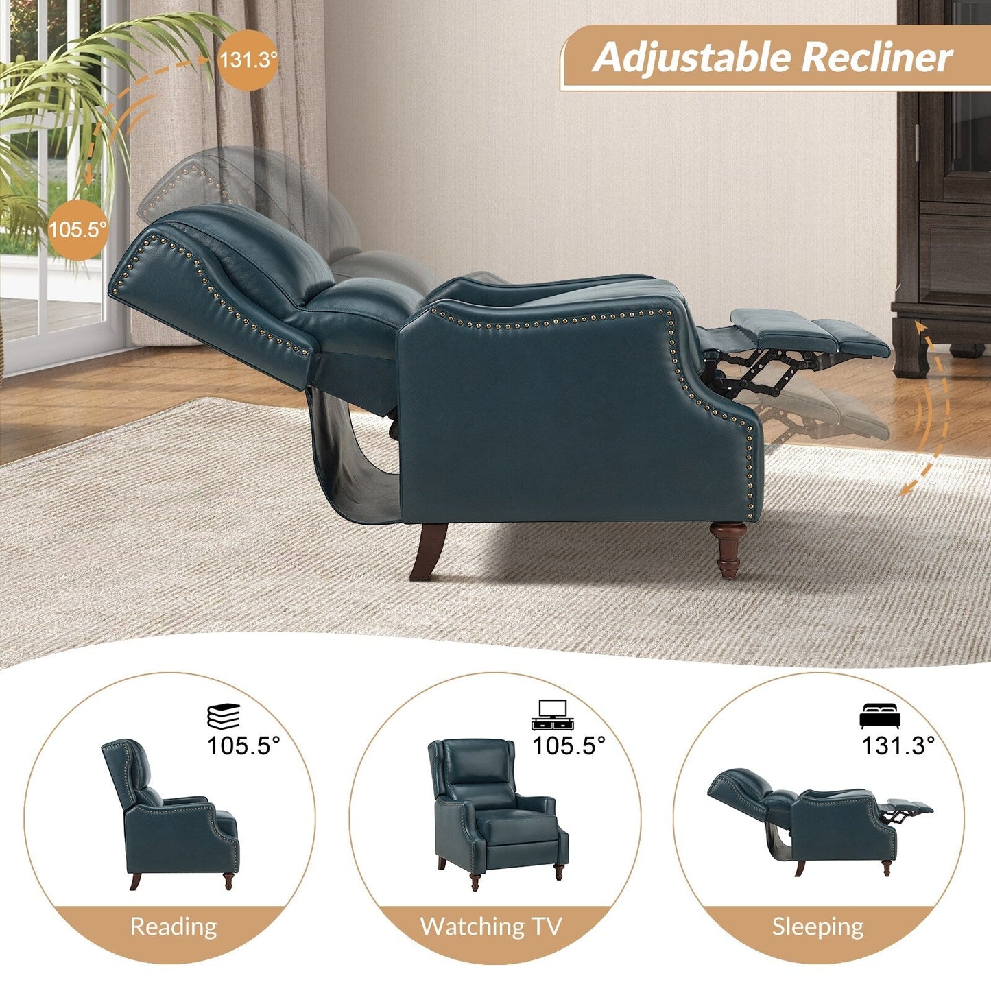 Fauteuil inclinable Florens en cuir véritable avec garnitures cloutées par HULALA HOME