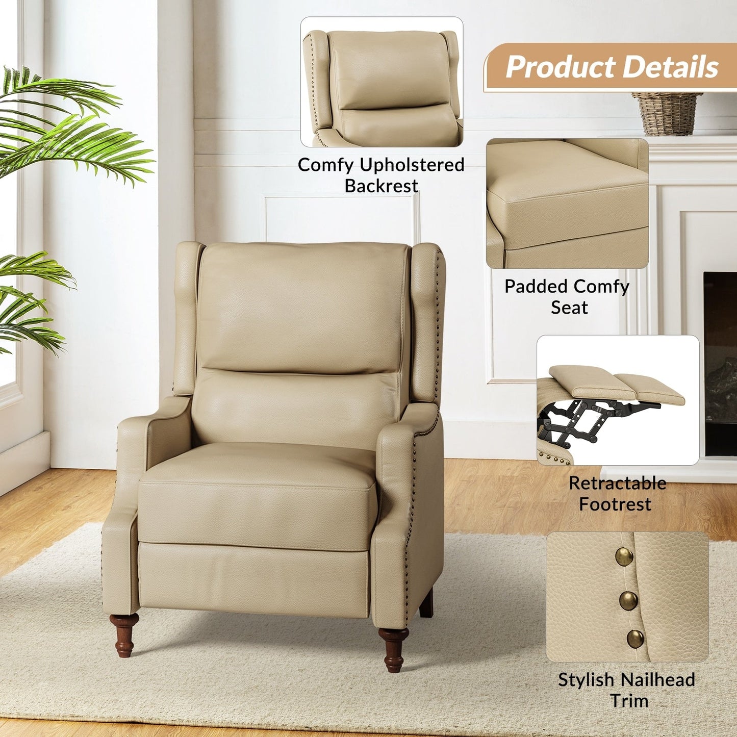 Fauteuil inclinable Florens en cuir véritable avec garnitures cloutées par HULALA HOME