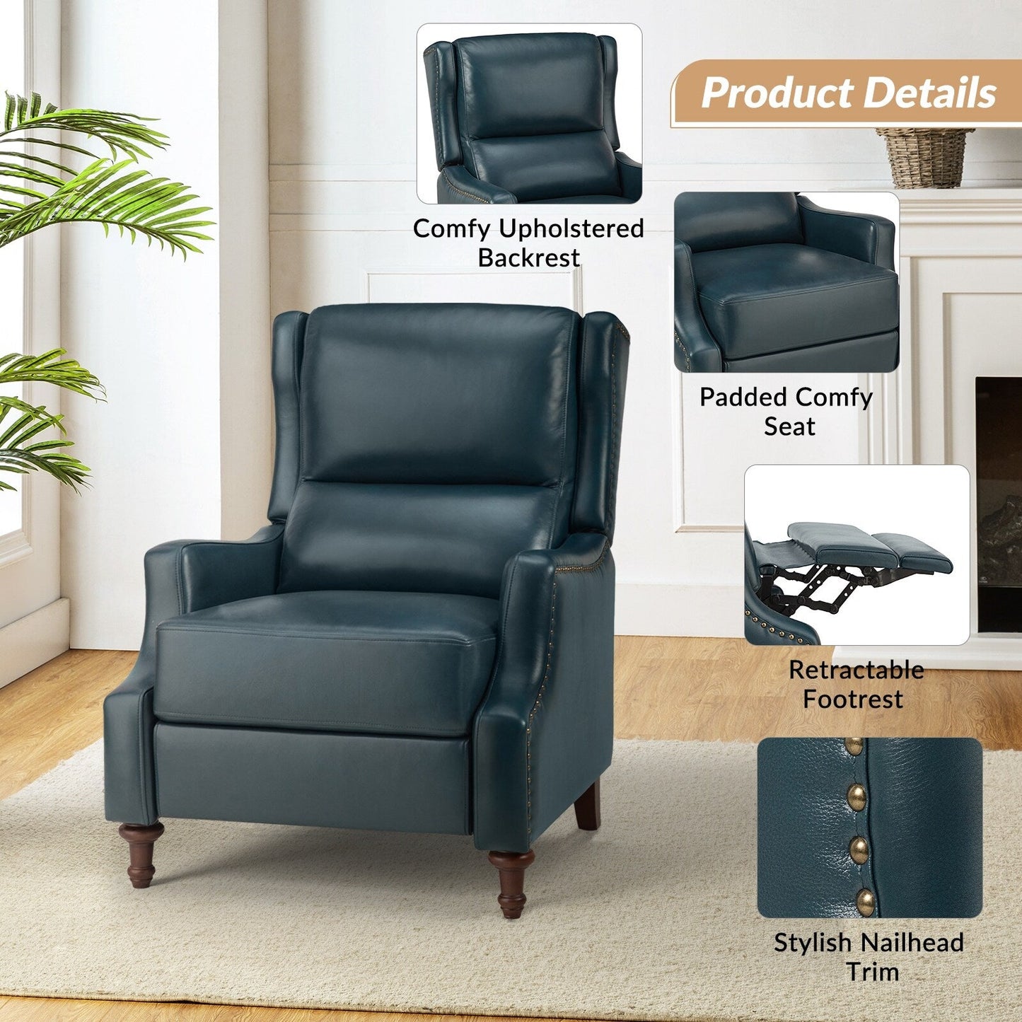 Fauteuil inclinable Florens en cuir véritable avec garnitures cloutées par HULALA HOME
