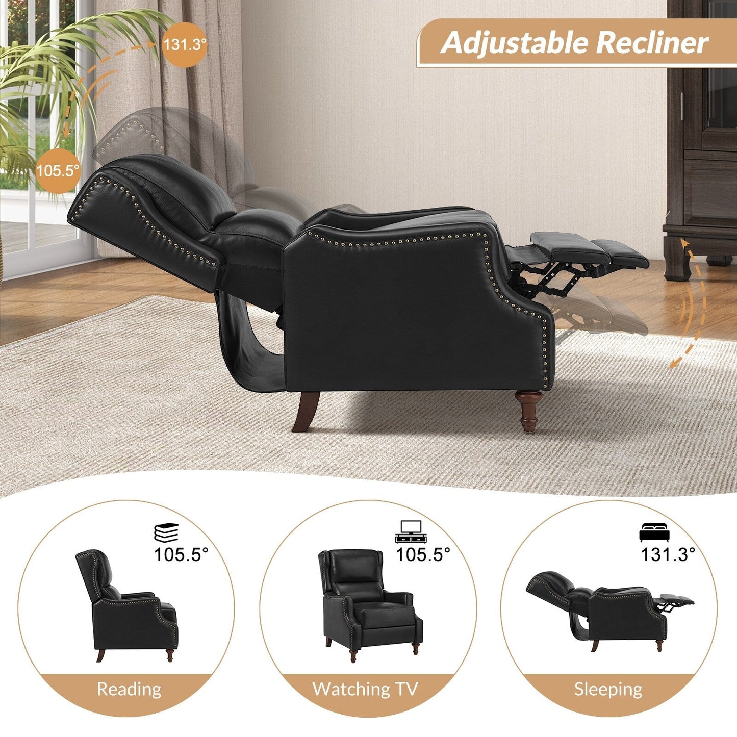 Fauteuil inclinable Florens en cuir véritable avec garnitures cloutées par HULALA HOME