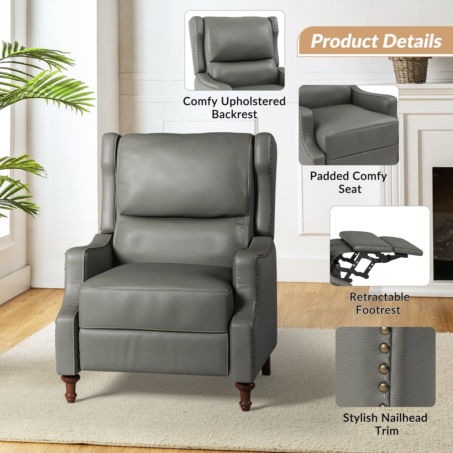 Fauteuil inclinable Florens en cuir véritable avec garnitures cloutées par HULALA HOME