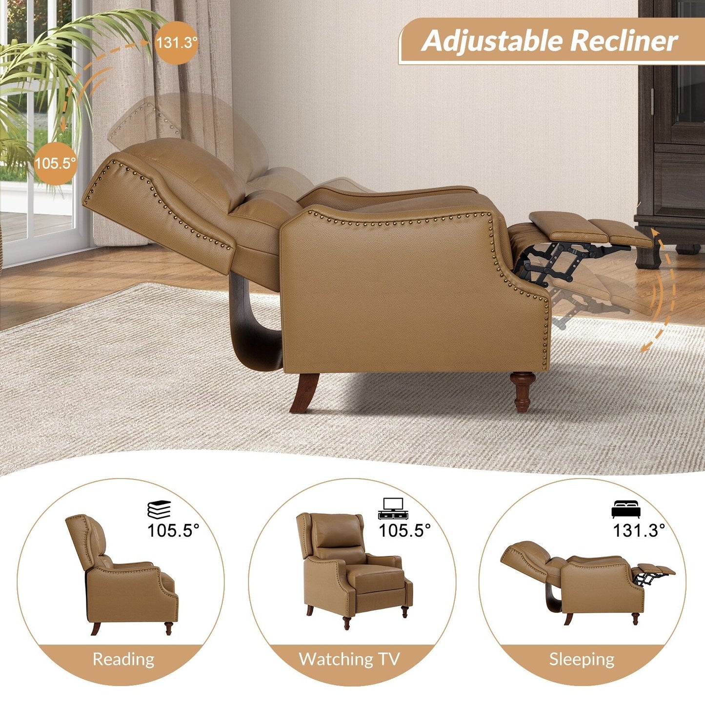 Fauteuil inclinable Florens en cuir véritable avec garnitures cloutées par HULALA HOME