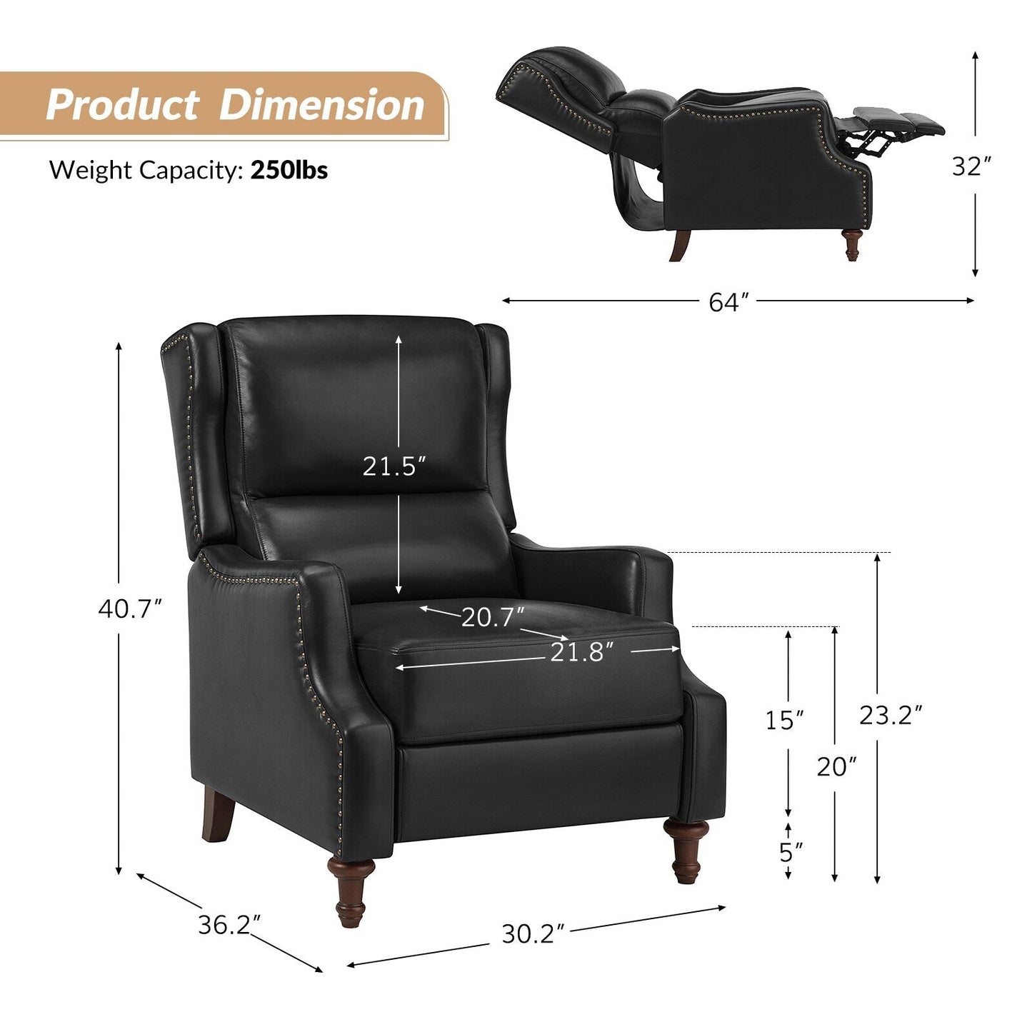 Fauteuil inclinable Florens en cuir véritable avec garnitures cloutées par HULALA HOME