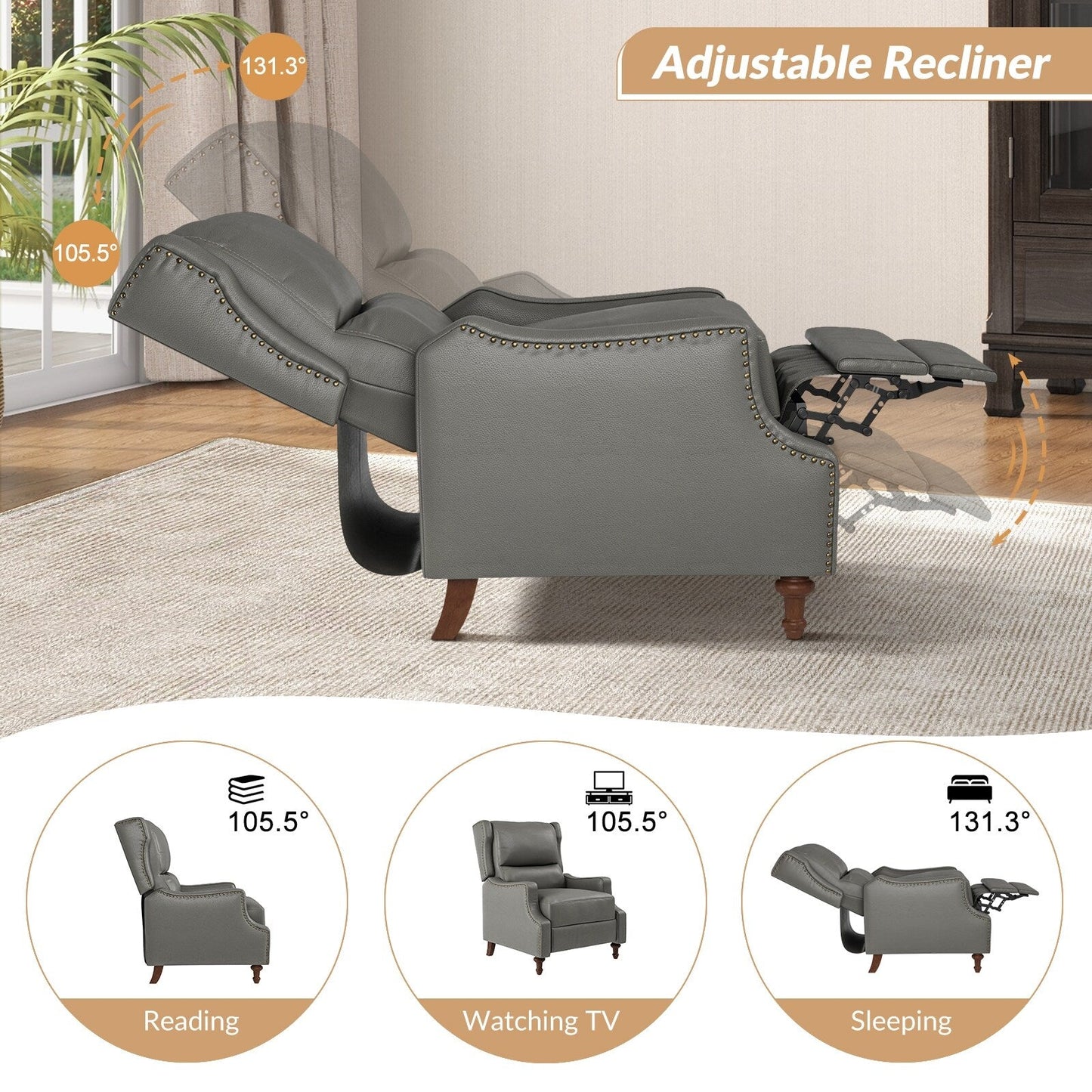 Fauteuil inclinable Florens en cuir véritable avec garnitures cloutées par HULALA HOME