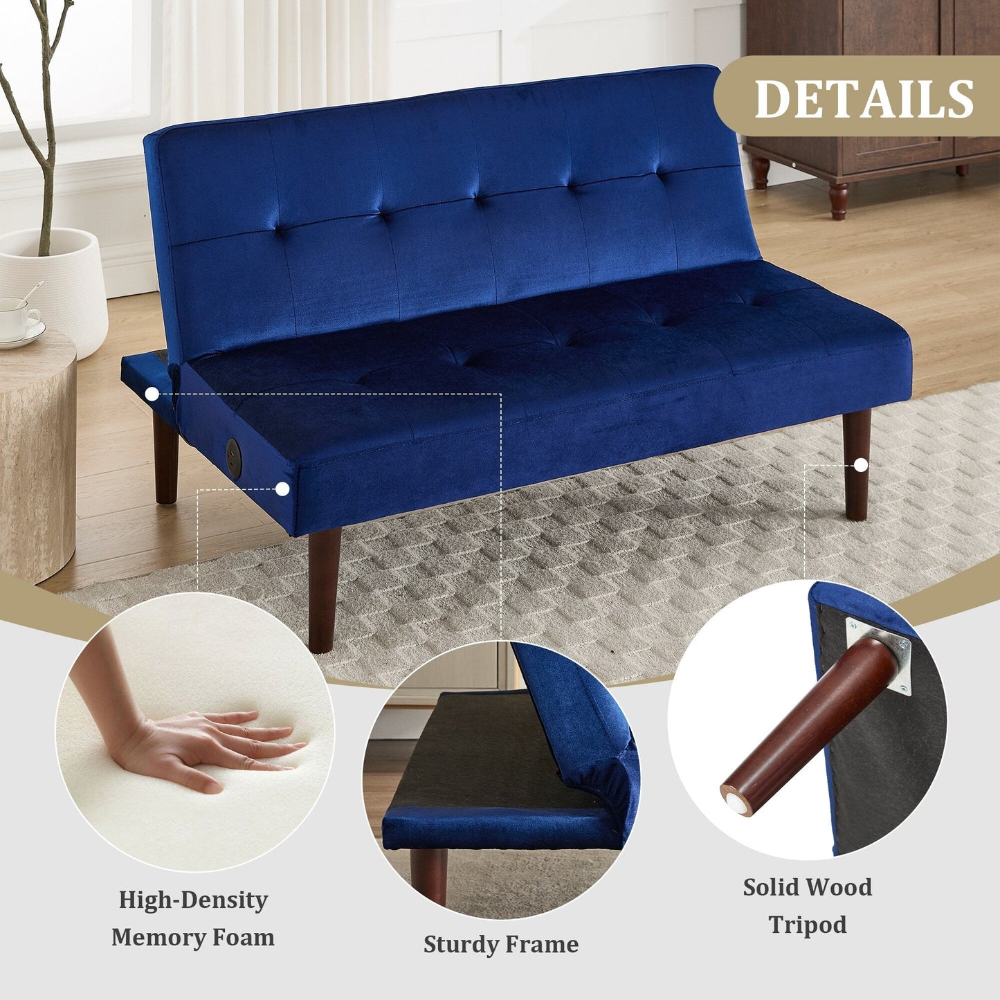 Canapé-lit pliable tendance haut de gamme en flanelle, dossier réglable, inclinable, futon, canapé moderne et tendance avec port de chargement