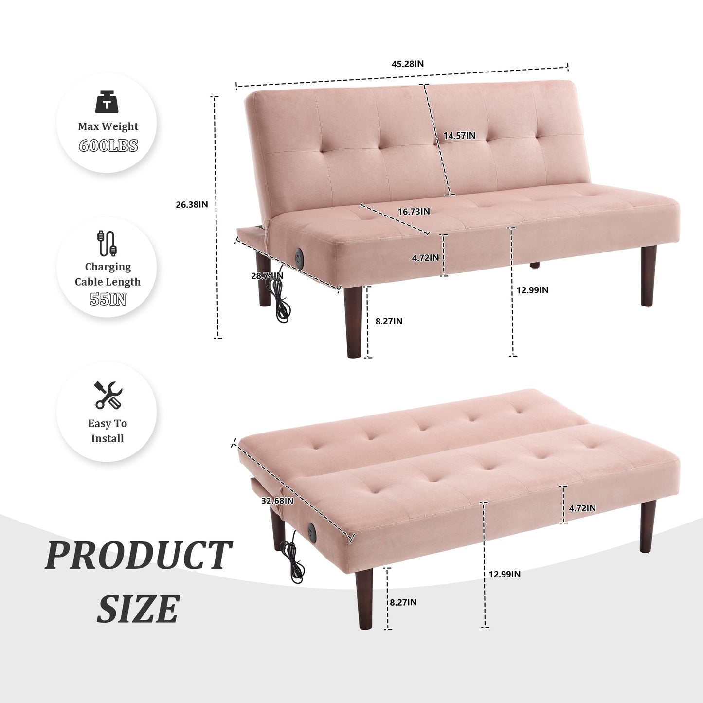 Canapé-lit pliable tendance haut de gamme en flanelle, dossier réglable, inclinable, futon, canapé moderne et tendance avec port de chargement