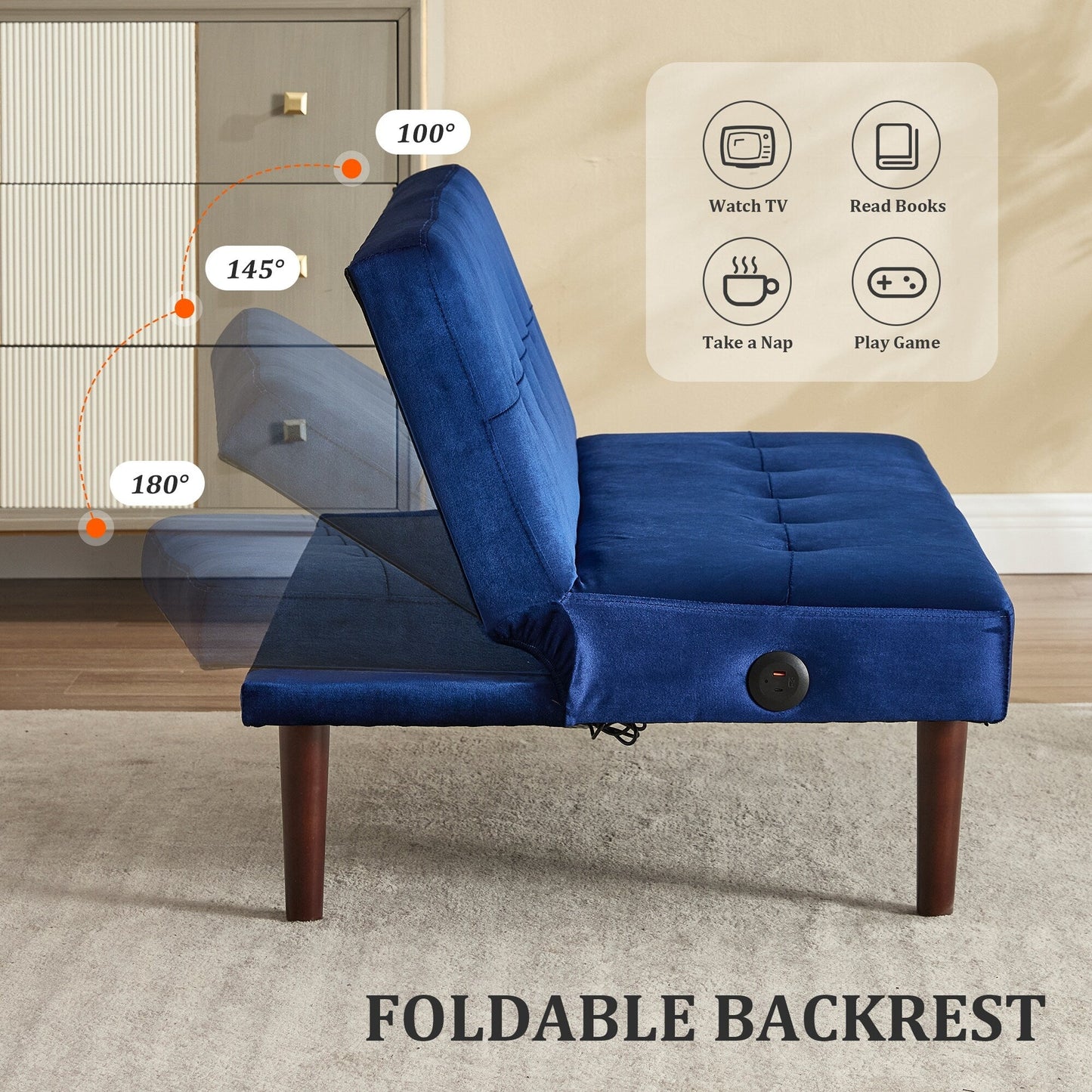 Canapé-lit pliable tendance haut de gamme en flanelle, dossier réglable, inclinable, futon, canapé moderne et tendance avec port de chargement