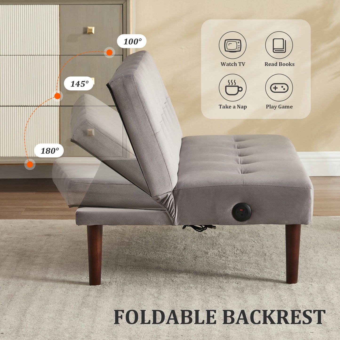 Canapé-lit pliable tendance haut de gamme en flanelle, dossier réglable, inclinable, futon, canapé moderne et tendance avec port de chargement