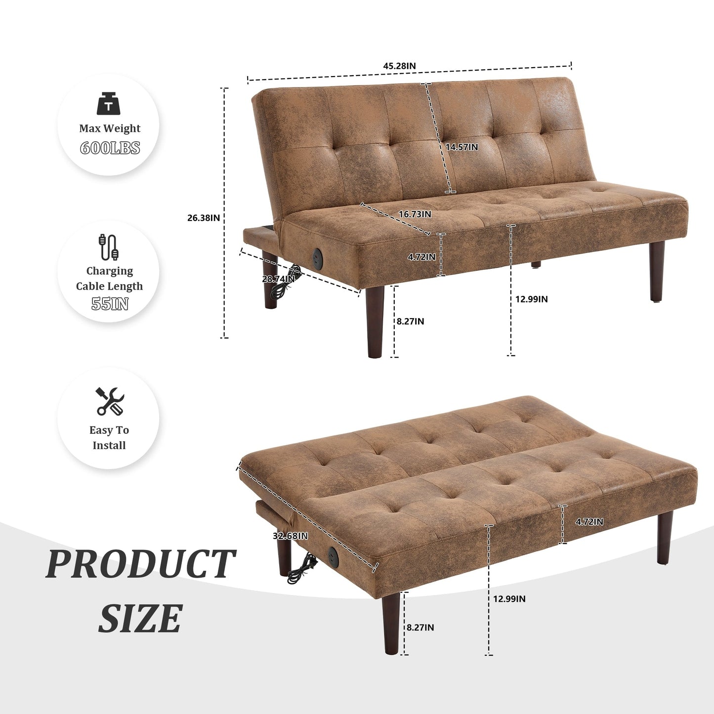 Canapé-lit pliable tendance haut de gamme en flanelle, dossier réglable, inclinable, futon, canapé moderne et tendance avec port de chargement