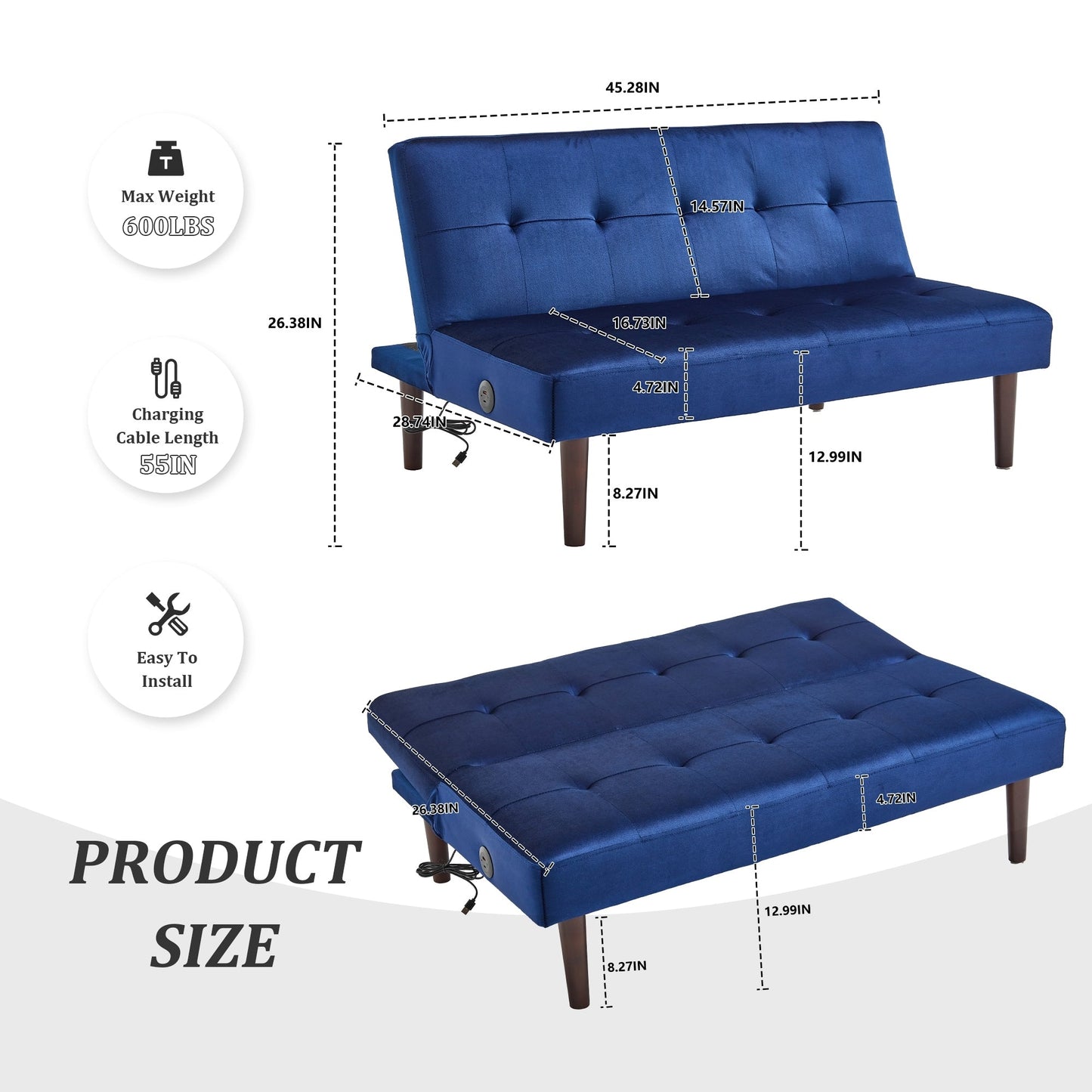 Canapé-lit pliable tendance haut de gamme en flanelle, dossier réglable, inclinable, futon, canapé moderne et tendance avec port de chargement