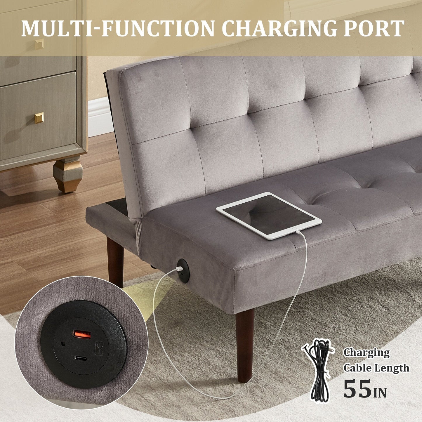 Canapé-lit pliable tendance haut de gamme en flanelle, dossier réglable, inclinable, futon, canapé moderne et tendance avec port de chargement