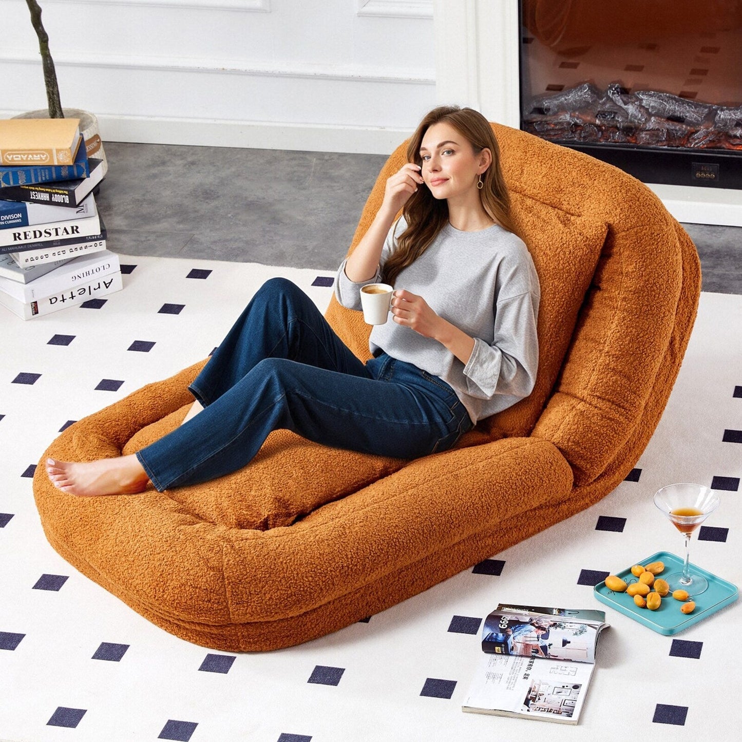 Fauteuil pliant avec 5 positions réglables, fauteuil de sol moelleux pour jeux, méditation et détente