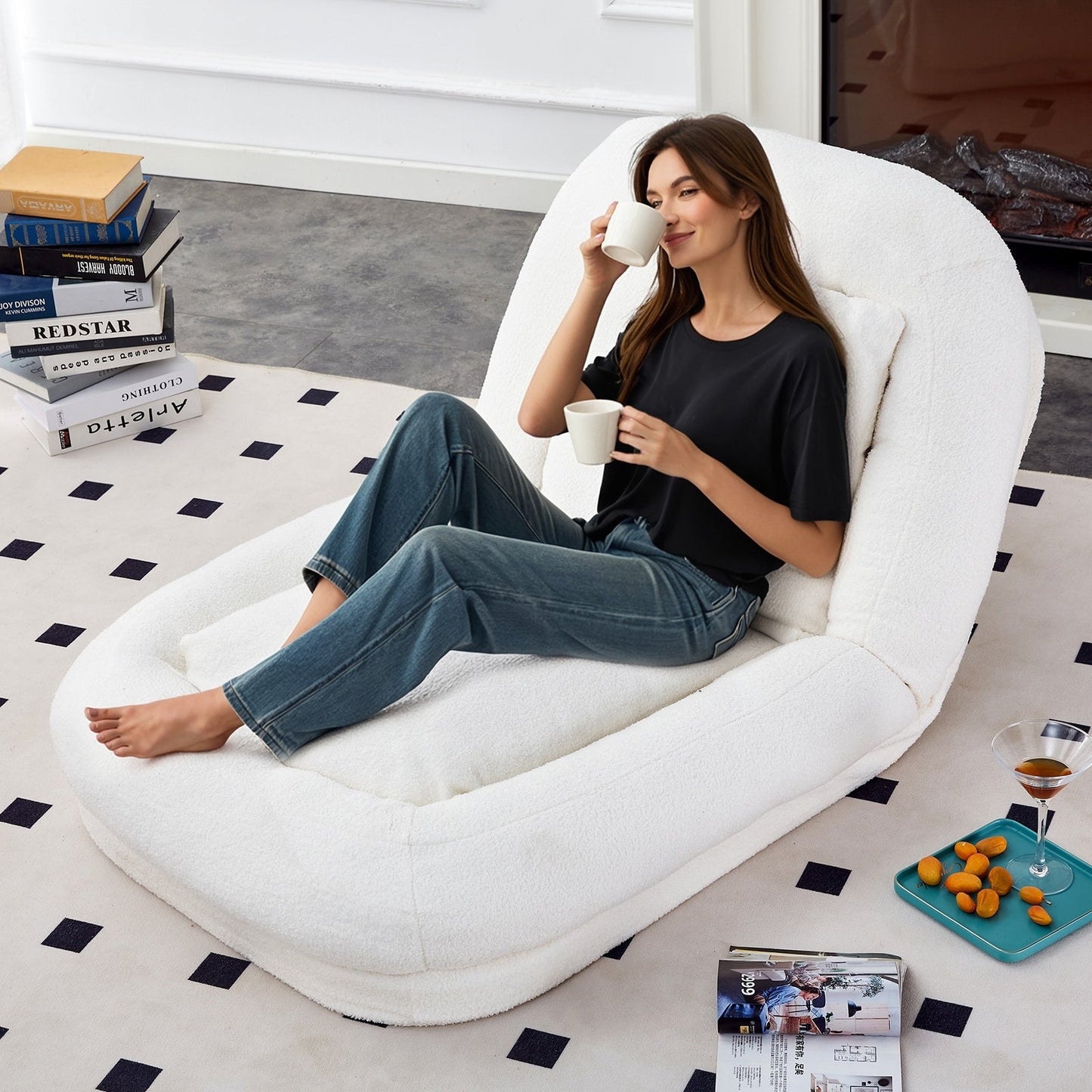 Fauteuil pliant avec 5 positions réglables, fauteuil de sol moelleux pour jeux, méditation et détente