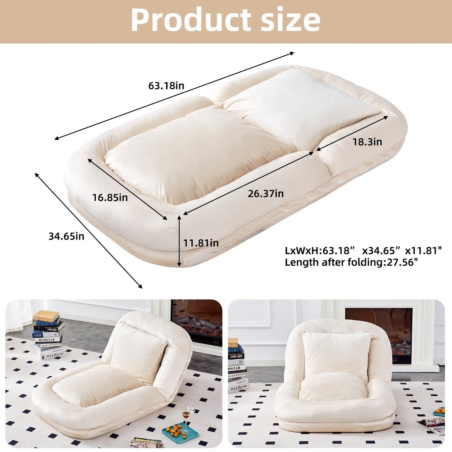 Fauteuil pliant avec 5 positions réglables, fauteuil de sol moelleux pour jeux, méditation et détente