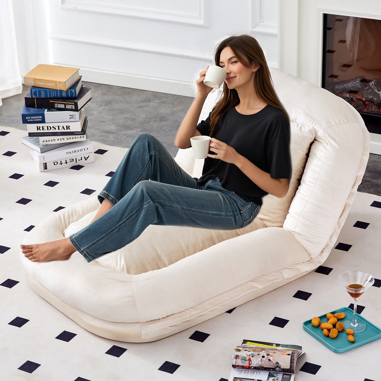 Fauteuil pliant avec 5 positions réglables, fauteuil de sol moelleux pour jeux, méditation et détente